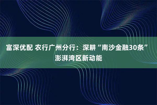 富深优配 农行广州分行：深耕“南沙金融30条” 澎湃湾区新动能